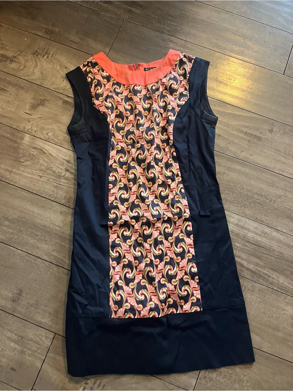 Navy and Coral Printed Panel Sheath Dress